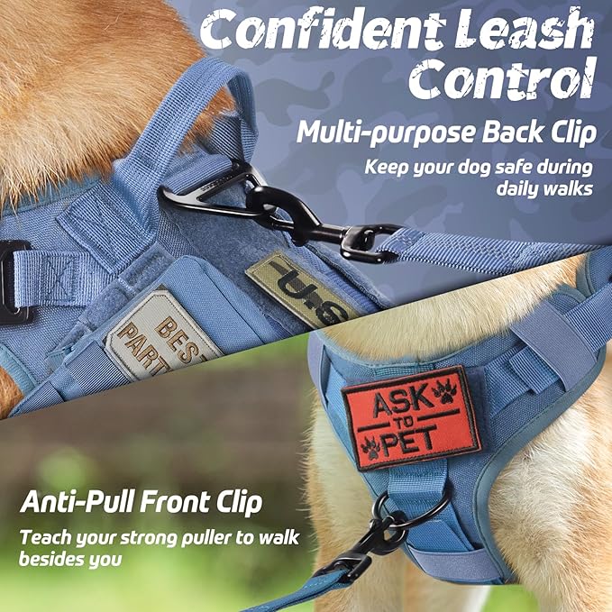 rabbitgoo Tactical Dog Harness for Large Dogs, Heavy Duty Dog Harness with Handle, No-Pull Service Dog Vest Large Breed, Adjustable Military Dog Vest Harness for Training Hunting Walking, Blue, XL