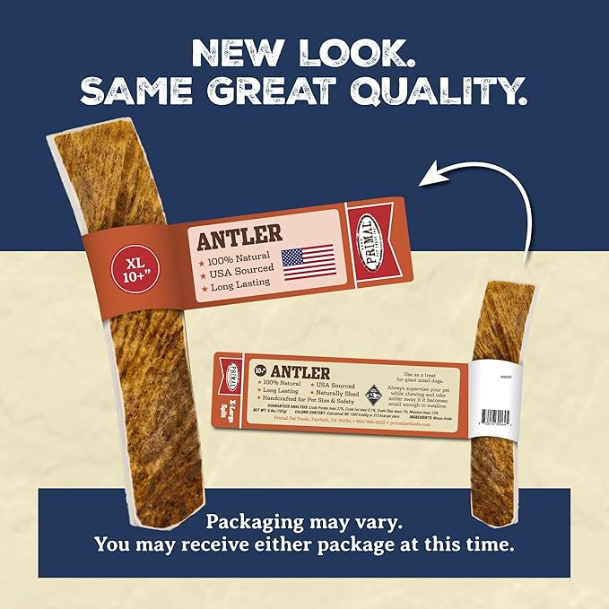 Primal Antlers for Dogs - Grade A Split Moose Antlers for Large Dogs 45-60 lb - Natural Dog Chews for Aggressive Chewers - Naturally Shed Antlers - Long Lasting Dog Bones - 1 ct