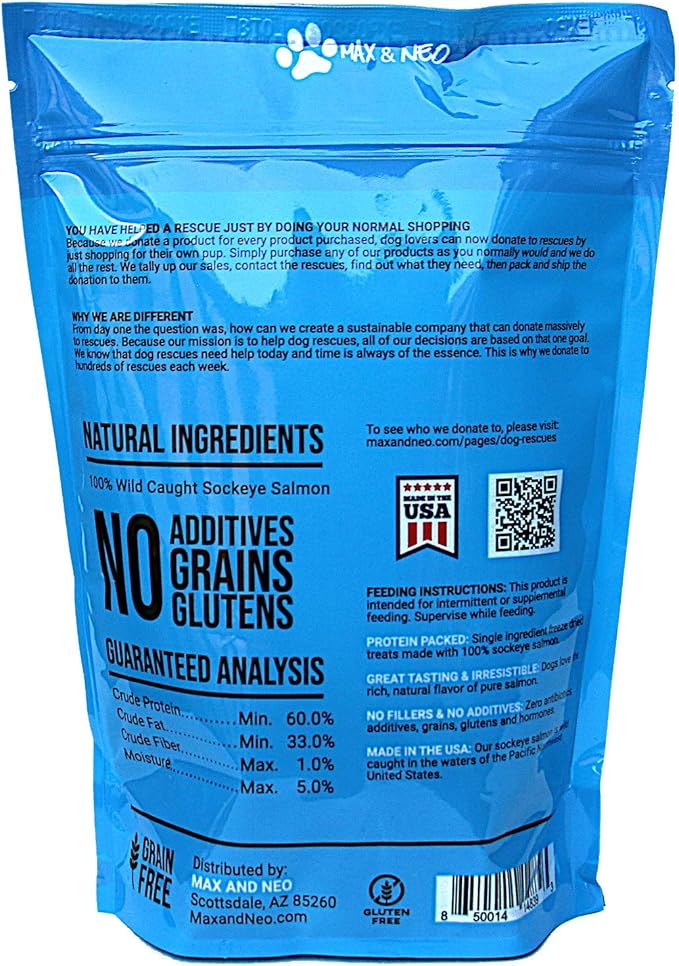 Max and Neo Freeze Dried Wild Caught Sockeye Salmon Dog Treats - Single Ingredient, Wild Caught Pacific Northwest Sockeye Salmon, Human Grade - We Donate 1 for 1 to Dog Rescues for Every Product Sold