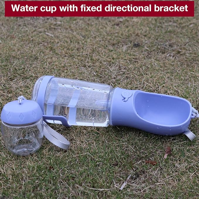 Dog Water Bottle with Food Container Holder, Travel Puppy Drinking Bowl, Portable Pet Water Dispenser, Patented Design, Food Grade Plastic 19 oz Water Bottle+100g Snack cans