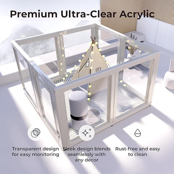 Clear Acrylic Plastic Dog Playpen Indoor,for Puppy Cat Rabbit Ferret Transparent Pet Pen,Easy Assemble Enclosure,Preferable for Small Dogs (8 Panels (White))