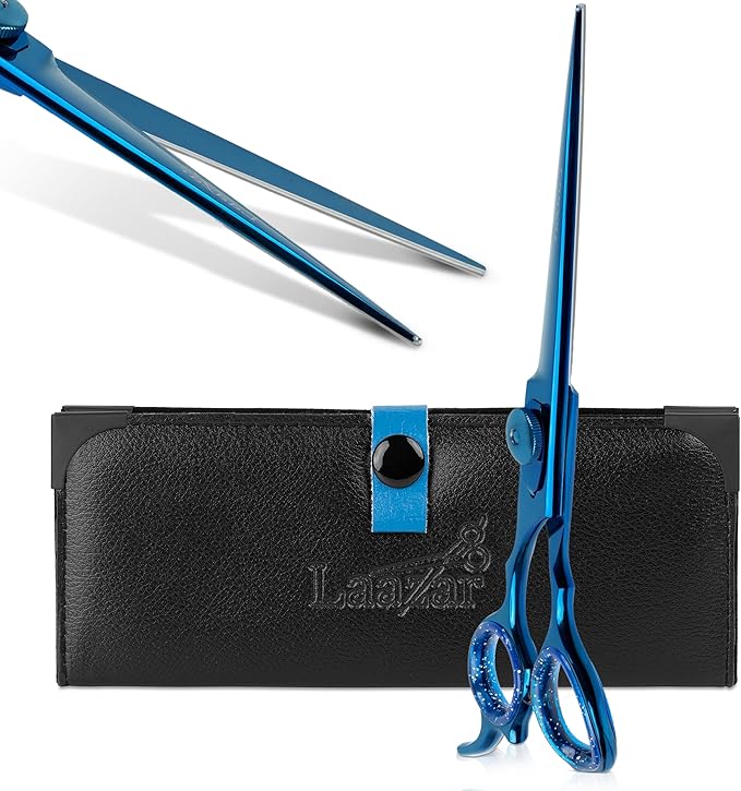 Laazar Dog Grooming Scissors - 7.0 Inch Straight Grooming Scissors for Dogs, 440C Stainless Steel Pet Grooming Scissors with Finger Rest & Case, Dog Shears for Grooming, Cat Grooming Supplies