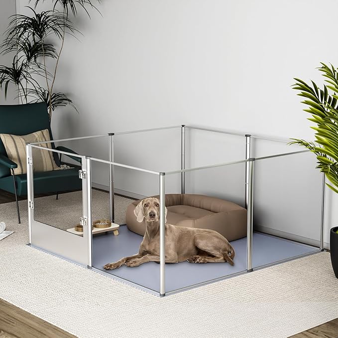 Dog Clear Playpen Fence Kennel: 32” Extra Tall Indoor Pet Birthing Cage Whelping Box with Waterproof Fertility Pad - 52”x52” Extra Large Dogs Exercise Crate Pen Made by Acrylic and Aluminum Frame