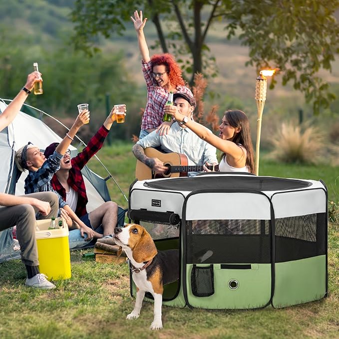 PETSFIT Portable Dog Playpen, 29" Dia Puppy Playpen with Zipper Removable Mesh Top Cover and Leakproof Playpen Bottom Mat-Cat Playpen Indoor/Outdoor for Cats,Dogs&Small Animals