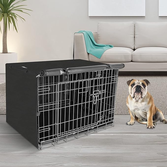 Dog Crate Cover, 36 Inch Pet Kennel Cover Universal Fit for Wire Dog Crate, Lightweight 600D Polyester Fabric, Double Door Dog Kennel Cover Indoor Outdoor Protection, Black