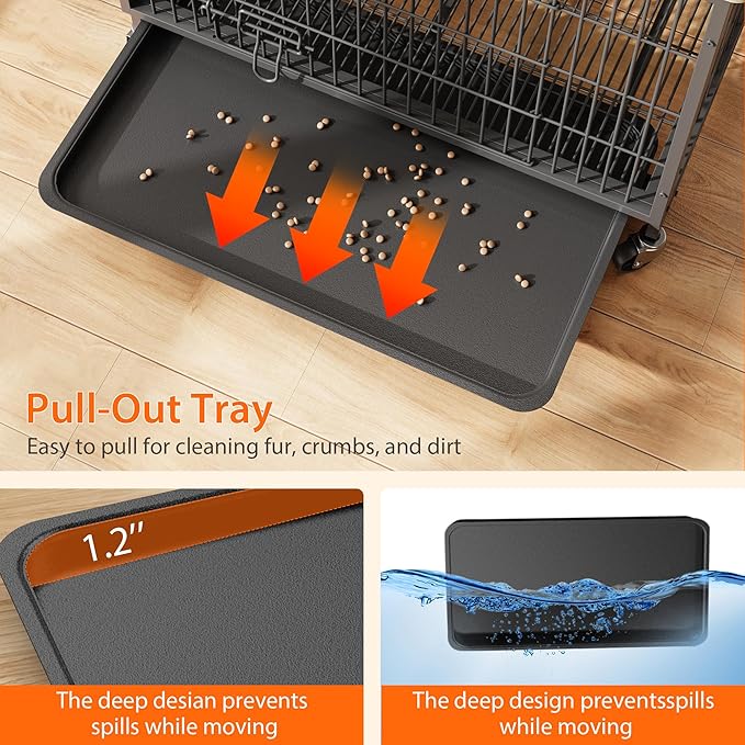 Small Dog Crate Furniture, 27.2"L x 20.1"W x 23.6"H,Indoor Pet Crate with Double Doors, Removable Tray and 360° Wheels, Wooden Countertop Dog Kennel,Gray&Black