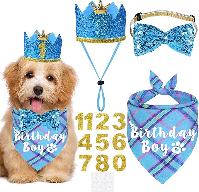 Dog Birthday Party Supplies, Multi Sizes Dog Birthday Hat Crown with Numbers Bandana Boy Bow Tie for Small Dogs Pets (Light Blue, Small)