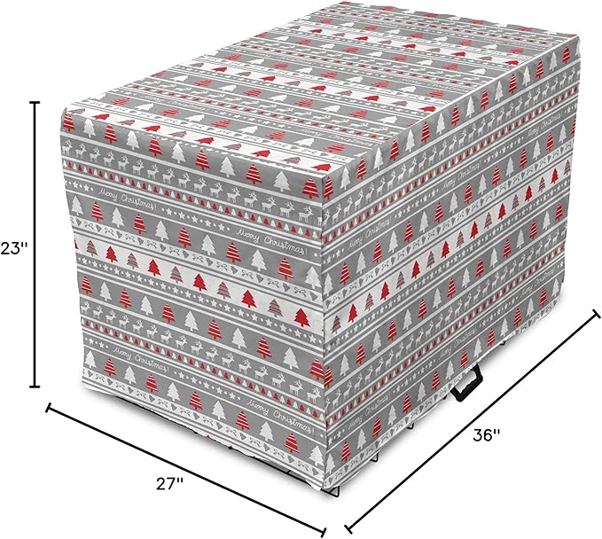 Ambesonne Christmas Dog Crate Cover, Xmas Border Deers Trees and Merry Christmas Lettering Bows Bells Image, Easy to Use Pet Kennel Cover for Medium Large Dogs, 36 Inch, Grey White and Red