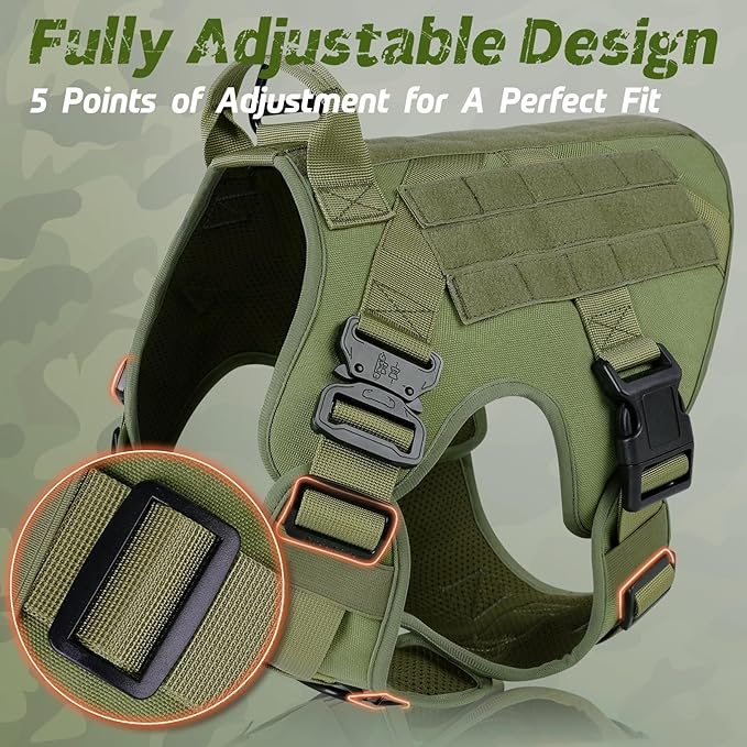 rabbitgoo Tactical Dog Harness for Large Dogs, Heavy Duty Dog Harness with Handle, No-Pull Service Dog Vest Large Breed, Adjustable Military Dog Vest Harness for Training Hunting Walking, Green, XL