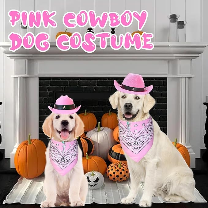 Dog Halloween Costumes, Dog Cowboy Costume Halloween Pet Cowboy Hat Bandana Scarf for Small Medium Large Dogs Pets (Pink Hat & Pink Bandana, Large)