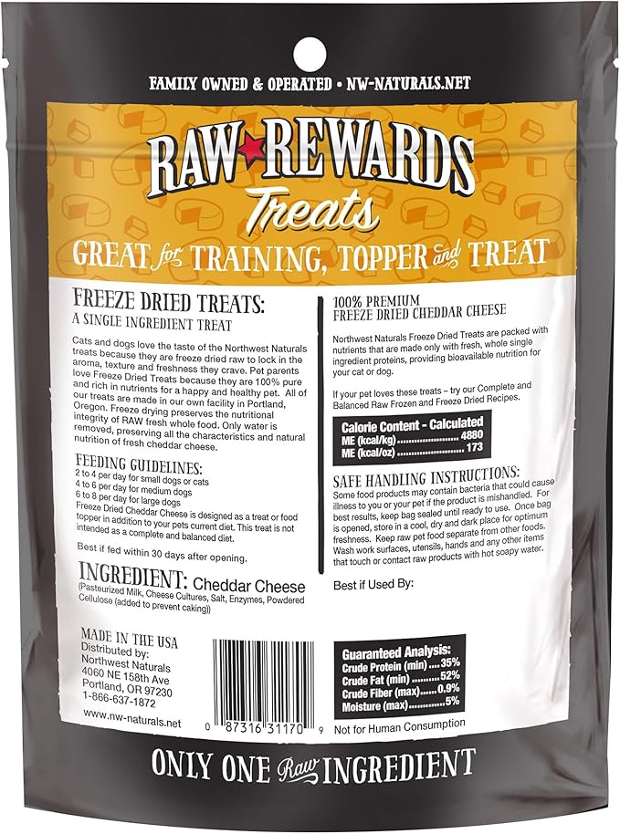 Northwest Naturals Raw Rewards Freeze-Dried Cheddar Cheese Treats for Dogs and Cats - Bite-Sized Pieces - Healthy, 1 Ingredient, Human Grade Pet Food, All Natural - 6 Oz