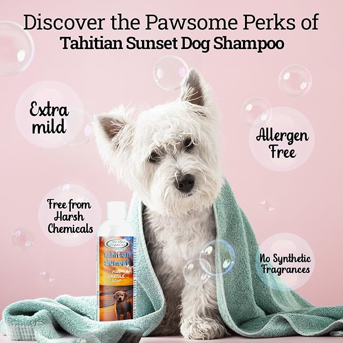 Tahitian Sunset Dog Shampoo - Pure Castile Soap with Essential Oils, Gentle & Conditioning Formula for All Coat Types, Suitable for Dogs 4 Weeks & Older, Mild Scent, 16 oz