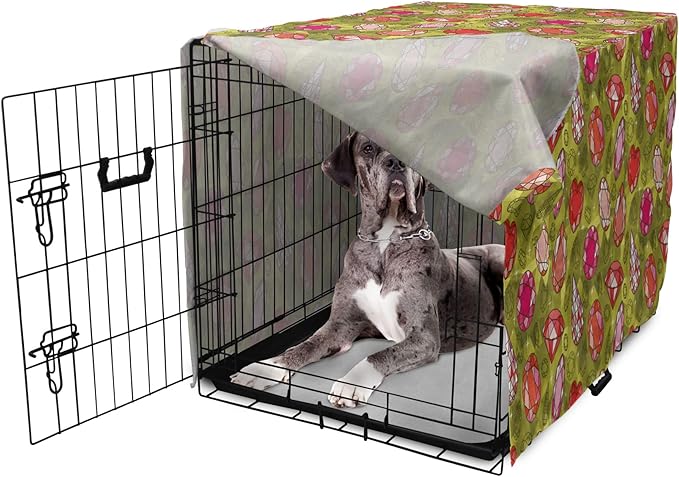 Ambesonne Diamond Dog Crate Cover, Rhythmic Heart Shaped Drop Formed Print Polygonal Gemstone Backdrop, Easy to Use Pet Kennel Cover for Medium Large Dogs, 48 Inch, Yellow Green Multicolor