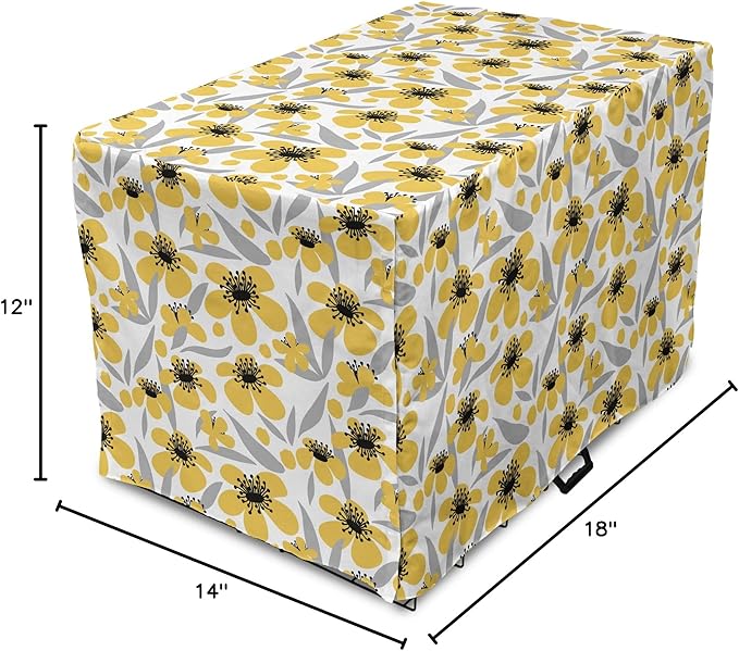 Ambesonne Floral Dog Crate Cover, Minimalistic Graphic Drawing of Yellow Flowers Pattern, Easy to Use Pet Kennel Cover for Small Dogs Puppies Kittens, 18 Inch, Pale Taupe Charcoal Grey