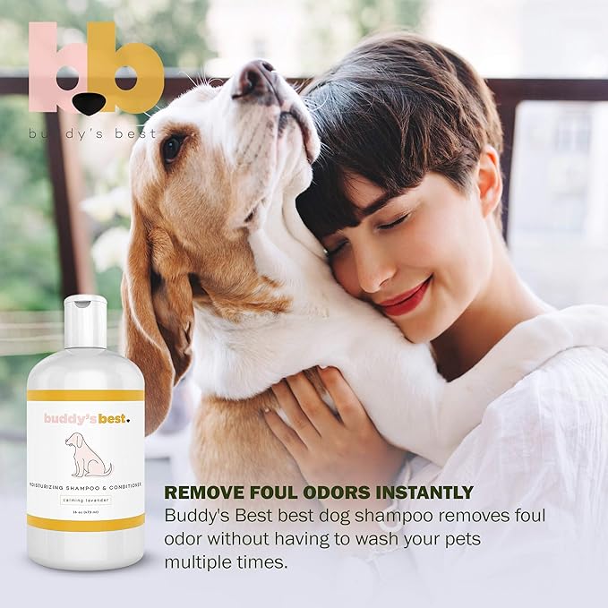Buddy's Best Dog Shampoo for Smelly Dogs - Skin-Friendly, Oatmeal Dog Shampoo and Conditioner for Dry and Sensitive Skin - Moisturizing Puppy Wash Shampoo, Calming Lavender Scent, 16oz