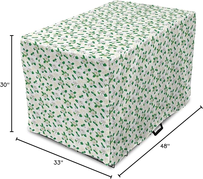 Lunarable Jasmine Dog Crate Cover, Gardenia Simplistic Romantic Flowers Continuous Pattern, Easy to Use Pet Kennel Cover for Medium Large Dogs, 48 Inch, Fern Green Pastel Yellow
