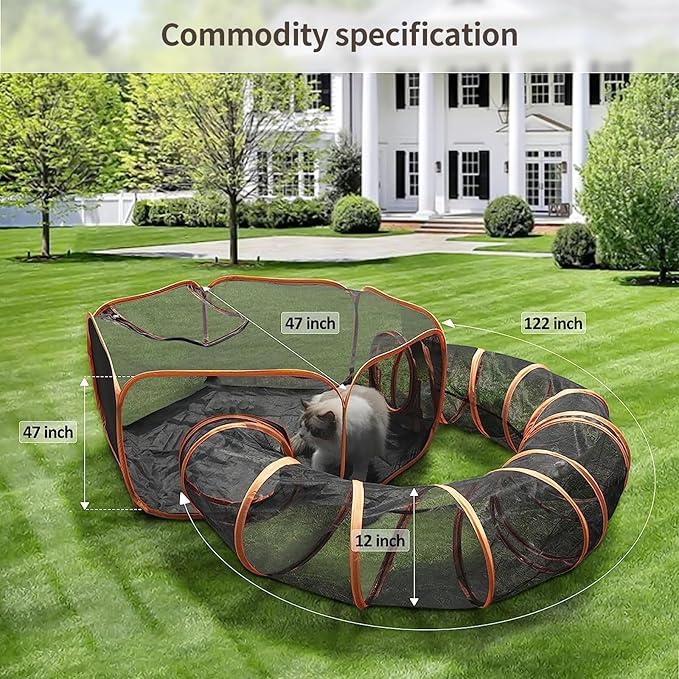 Orange Portable, Foldable Outdoor Cat Enclosure with Tunnel - Suitable for Small Pets