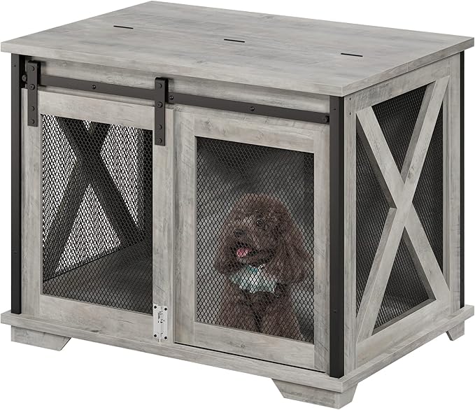 GAOMON Dog Crate Furniture with Slidings Doors,Wooden Dog Kennel End Table with Flip-top Plate for Dogs,Indoor Dog Crate Furniture with Detachable Divider for Medium Dogs, Dog House,Grey