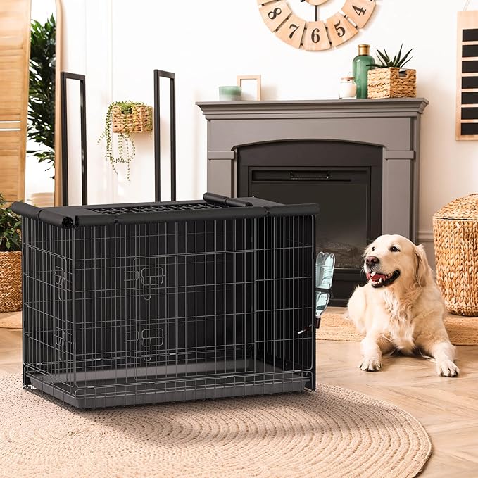 Dog Crate Cover - Privacy Kennel Cover Fits 42 inch Double Door Wire Crate, Heavy Duty 600D Oxford Fabric Dog Cage Cover with Top Window and Drinking Hole Design, Black, (Cover only)