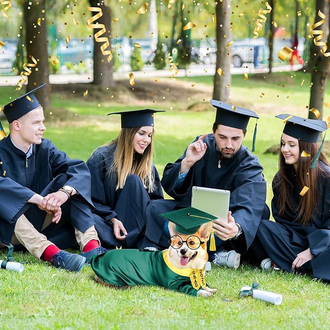 5 Pcs Dog Graduation Costume Set Include 2025 Pet Graduation Gown with Stole Puppy Grad Cap Lensless Glasses DIY Letter Stickers for Dogs Cats Holiday Costume Accessory(Green Yellow,L)