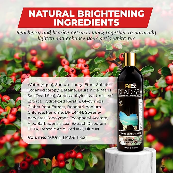 Ultra Premium Pet Care with Dead Sea Minerals - White Coat Shampoo - Shine and Brightness to White Coat, Keep Clean and Soft, Alcohol and Paraben Free, Suitable for Dogs & Cats