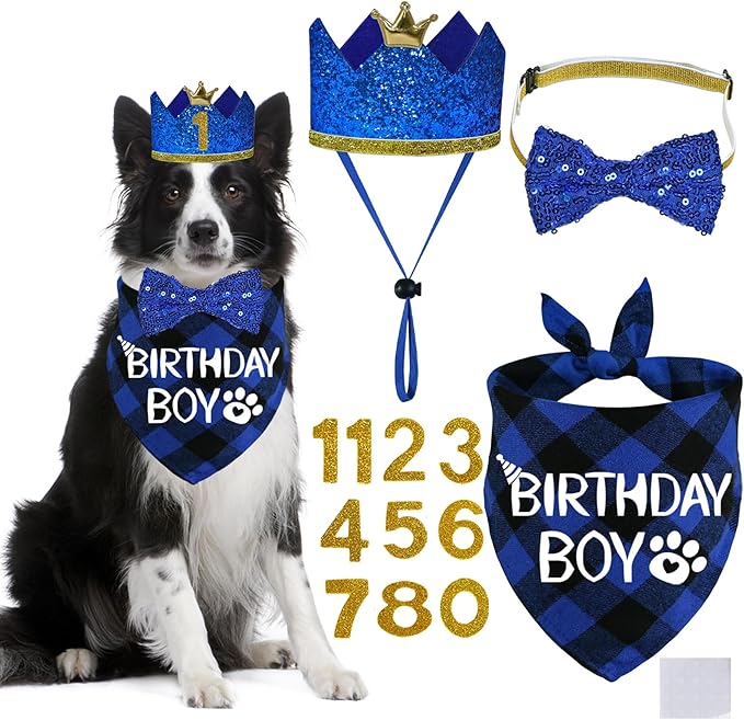 STMK Dog Birthday Party Supplies, Multi Size Dog Birthday Hat with Numbers Bandana Bow Tie for Large Extra Large Dogs Pets (Blue, X-Large)