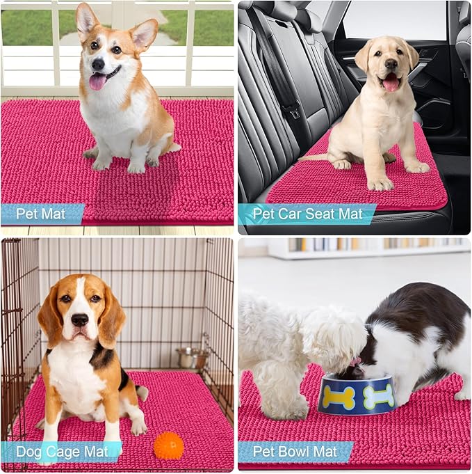 OLANLY Dog Door Mat for Muddy Paws 30x20, Absorbs Moisture and Dirt, Absorbent Non-Slip Washable Mat, Quick Dry Chenille, Mud Mat for Dogs, Entry Indoor Door Mat for Inside Floor, Hot Pink