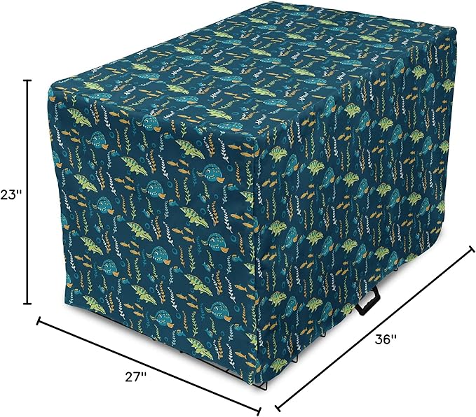 Lunarable Jurassic Dog Crate Cover, Evolution Marine Dinosaurs and Nautical Foliage Animal, Easy to Use Pet Kennel Cover for Medium Large Dogs, 36 Inch, Petrol Blue Pale Green