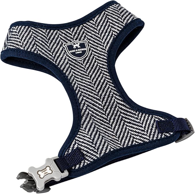 HUGO & HUDSON Dog Harness, No-Pull Anti Choke Tweed Harness Vest, Navy Herringbone, L