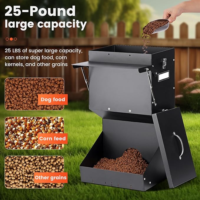 Automatic Dog Feeder Large Breed with Lid, 25 Lbs Outdoor and Intdoor Gravity Dog Feeder and Hanging Self Feeding Dogs Food Dispenser, Automatic Dogs Feeders For Large Dogs, Cats, Deer, Chicks