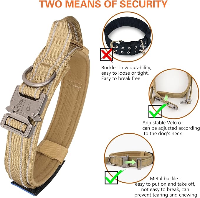 KCUCOP Tactical Dog Collar, Heavy Duty Dog Collar with Handle and Metal Buckle, Military Thick Dog Collars for Medium and Large Dogs(Brown-Reflective Set-M, 1 Patch)