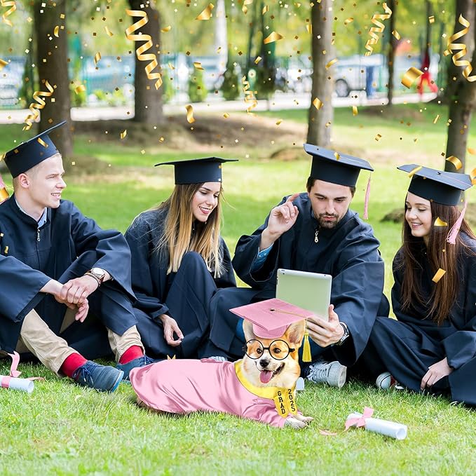 5 Pcs Dog Graduation Costume Set Include 2025 Pet Graduation Gown with Stole Puppy Grad Cap Lensless Glasses DIY Letter Stickers for Dogs Cats Holiday Costume Accessory(Pink Yellow,S)