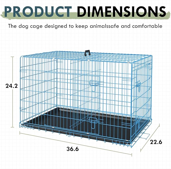 PayLessHere Large Dog Crate Kennel for Medium Large Dogs 36 inches Metal Dog Cage Double-Door Folding Travel Indoor Outdoor Puppy Playpen with Divider and Handle Plastic Tray,Blue
