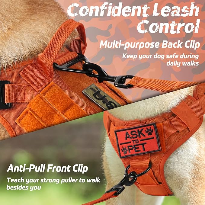 rabbitgoo Tactical Dog Harness for Large Dogs, Heavy Duty Dog Harness with Handle, No-Pull Service Dog Vest Large Breed, Adjustable Military Dog Vest Harness for Training Hunting Walking, Orange, XL