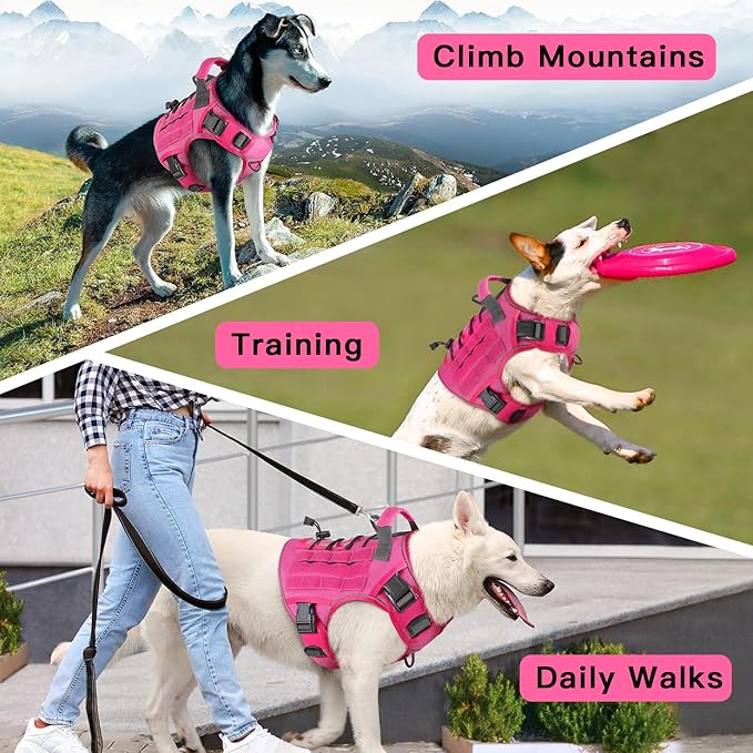 WINGOIN Pink Tactical Dog Harness Vest for Large Dogs No Pull Adjustable Reflective Military Pet Harness with Handle for Golden Retriever, Doberman Pinscher, Rottweiler, Great Dane Service Dog (XL)