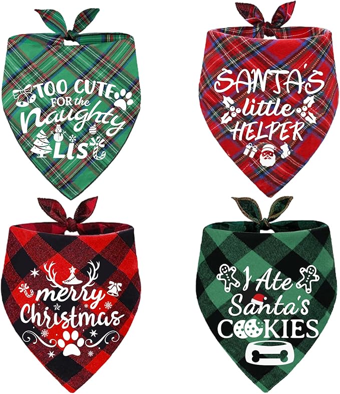 4 Pack Merry Christmas Dog Bandanas Classic Stylish Plaid Xmas Dog Christma Bandana Pet Scarf Bibs Gift Set Dogs Bandanas Christmas for Small Medium Large Puppy Pets