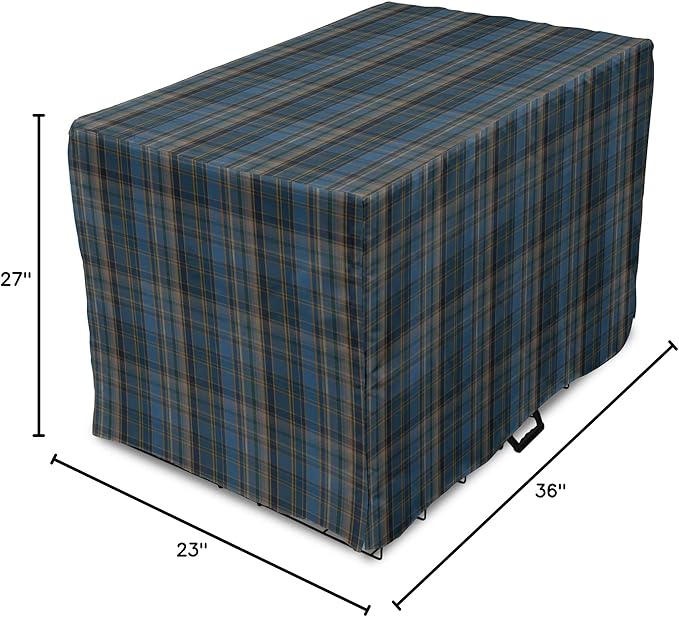 Lunarable Plaid Dog Crate Cover, Striped Geometric British Pattern Modern Design Elements in Patel Colors, Easy to Use Pet Kennel Cover for Medium Large Dogs, 36 Inch, Azure Blue and Marigold