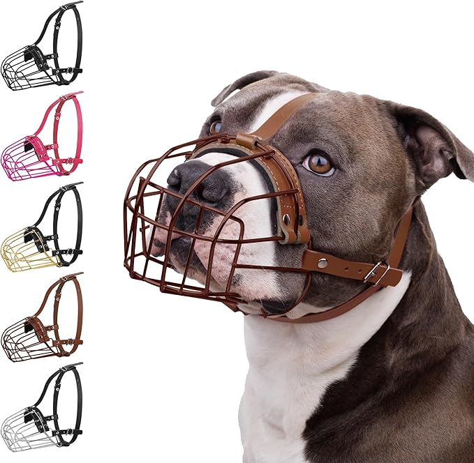 BRONZEDOG Pitbull Dog Muzzle Metal Mask Amstaff Wire Basket Pit Bull Adjustable Leather Straps for Large Dogs (Brown)