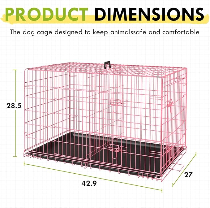 PayLessHere Large Dog Crate Kennel for Medium Large Dogs Metal Dog Cage Double-Door Folding Travel Indoor Outdoor Puppy Playpen with Divider and Handle Plastic Tray (42 Inch, Pink)