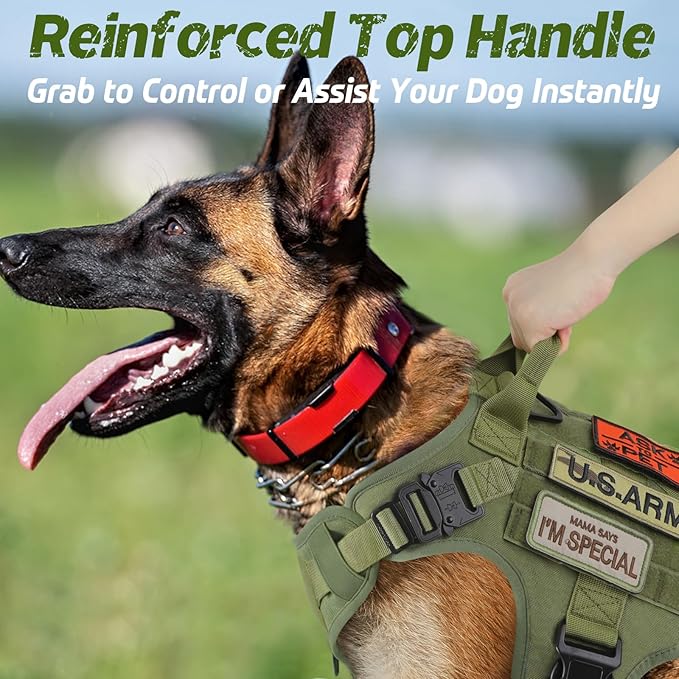 rabbitgoo Tactical Dog Harness for Large Dogs, Heavy Duty Dog Harness with Handle, No-Pull Service Dog Vest Large Breed, Adjustable Military Dog Vest Harness for Training Hunting Walking, Green, XL
