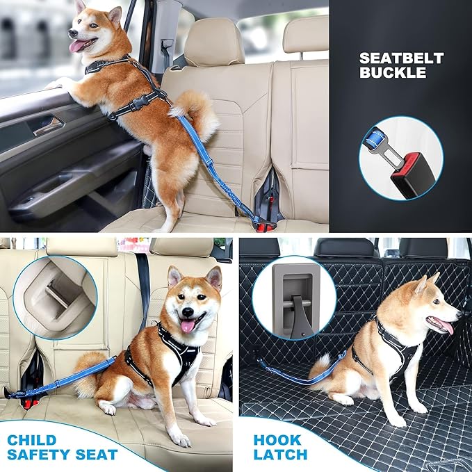IOKHEIRA Dog Seat Belt 3-in-1 Car Harness for Dogs Adjustable Safety Seatbelt for Car Durable Nylon Reflective Bungee Fabric Tether with Clip Hook Latch & Buckle, Swivel Zinc Alloy Carabiner (Bule)