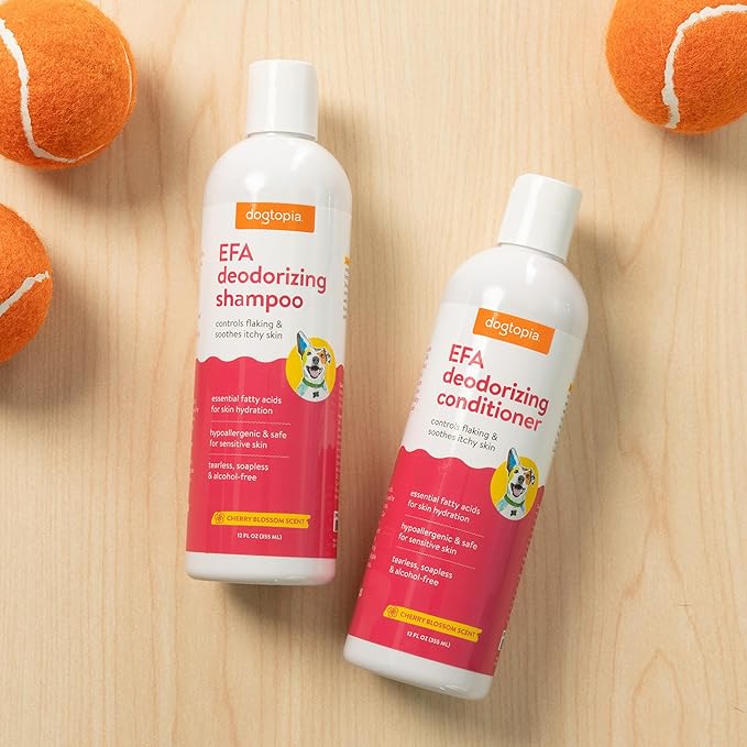 Essential Fatty Acid (EFA) Shampoo and Conditioner for Pets – 12oz Deodorizing Cherry Blossom Scent | Soothing for Dogs and Cats Rich with Moisturizing Emollients | Tearless, Soapless