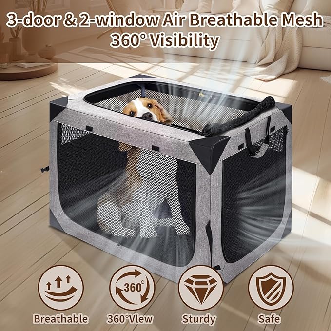 Dog Crate,30x21x21 Inch Large Dog Crate for Large or Medium Dogs, Portable and Foldable Design of Dog Cage, Perfect for Travel or Home Use, Dog Kennel with 3-Door and Durable Mesh Windows, Grey