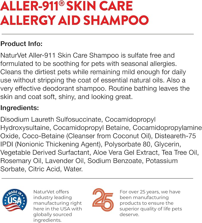 NaturVet Aller-911 Skin Care Allergy Aid Pet Shampoo With Aloe Vera – Pet Health Supplement Shampoo & Grooming Aid for Dermatitis, Dog Skin Allergies, Itching, Hot Spots, Cat Rashes – 16 Oz.