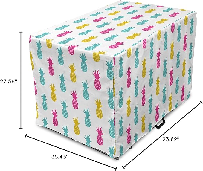 Lunarable Yellow Pineapple Dog Crate Cover, Rhythmic Ananas Fruits in Colorful Design Summer Tropical Concept, Easy to Use Pet Kennel Cover for Medium Large Dogs, 36 Inch, Turquoise Hot Pink
