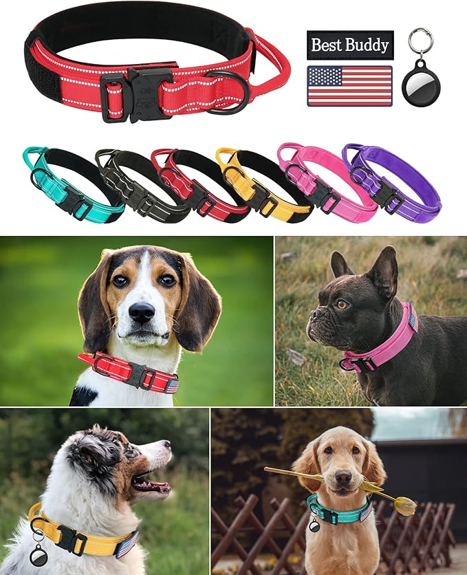 AUBELL Reflective Tactical Dog Collar, Adjustable Military Nylon Dog Collar with Handle and Heavy Duty Metal Buckle for Medium Large Dogs, with Airtag Case and 2 Patches(Red, XL)