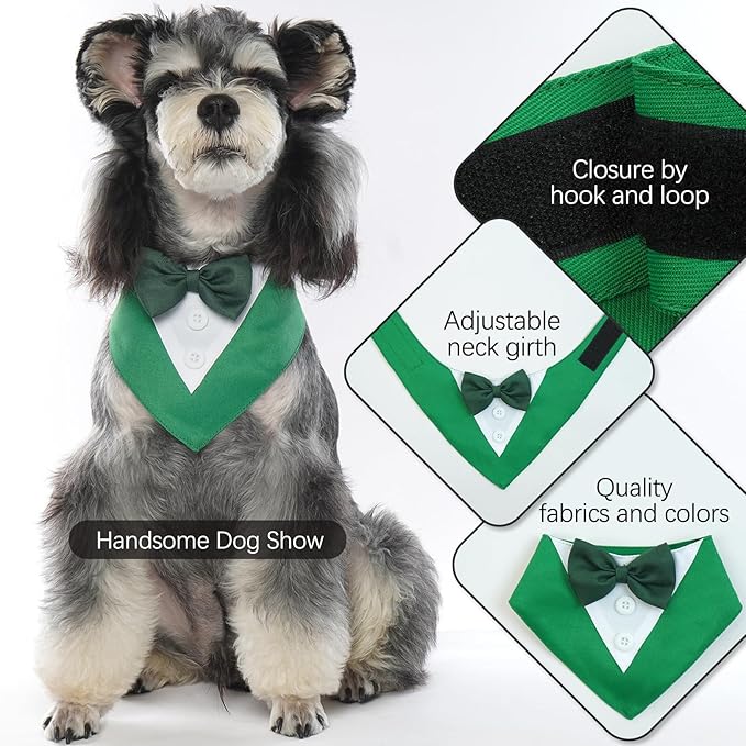 FUAMEY St.Patrick's Day Dog Tuxedo,Pet Green Collar Puppy Costume Adjustable Dog Bandana Cosplay Party Doggie Bibs,Irish Lucky Dress-Up Dog Bow Tie Green and White XS