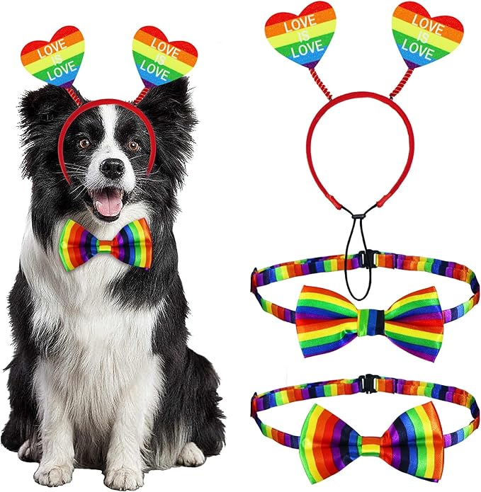 3 PCS Dog Pride Outfit Apparel Clothes, Rainbow Heart Dog Headband Bow Tie Collar for Small Medium Large Dogs (Pride Style 2)