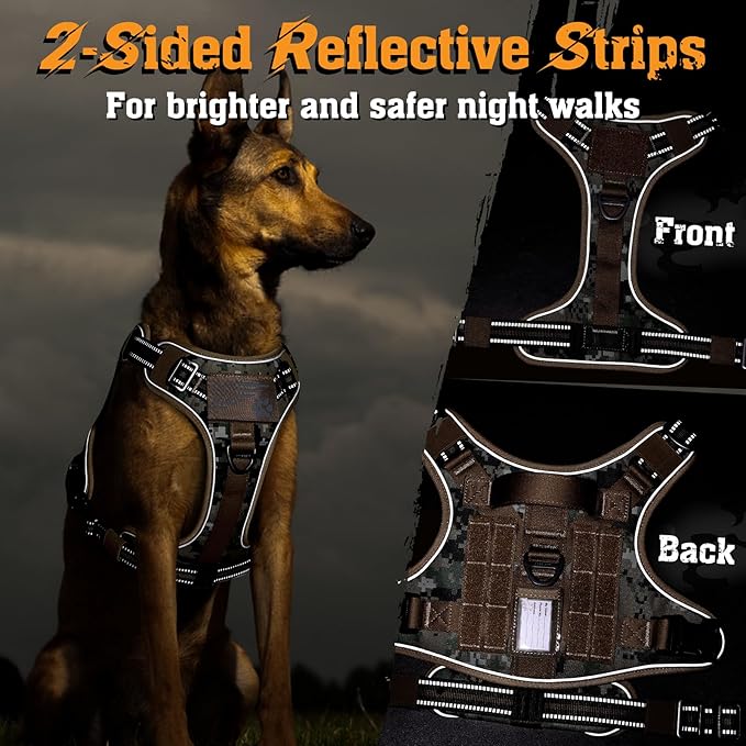 rabbitgoo Dog Harness Medium Sized No Pull, Tactical Service Dog Vest with Molle and Control Handle, Adjustable and Reflective Military Pet Harness for Easy Walking and Training, Brown camo, M