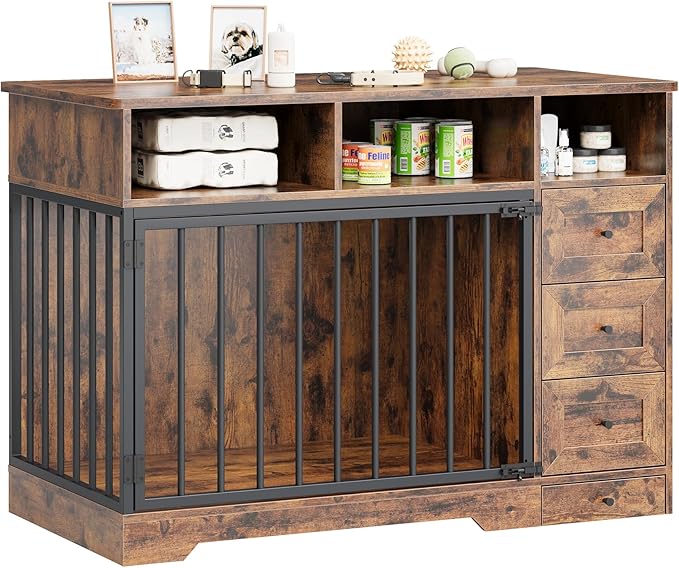 Dog Crate Furniture for Small Dogs, Wooden Dog Kennel Indoor with Storage Shelves, 3 Drawers & Hidden Bowl, Modern Pet Cage Side End Table, up to 120 lb, 48" L, Steel Lock, Retro Brown